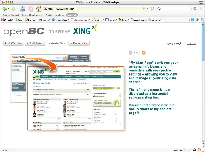 A screenshot from the 2005 website, when openBC rebranded to XING.