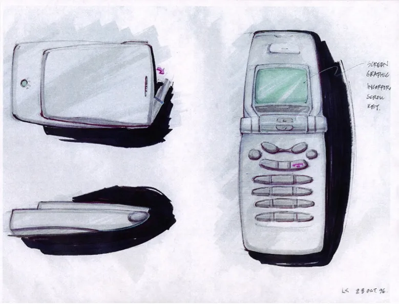 Sketches and notes for a clamshell phone. Dale Frye and Jeff Deacon.